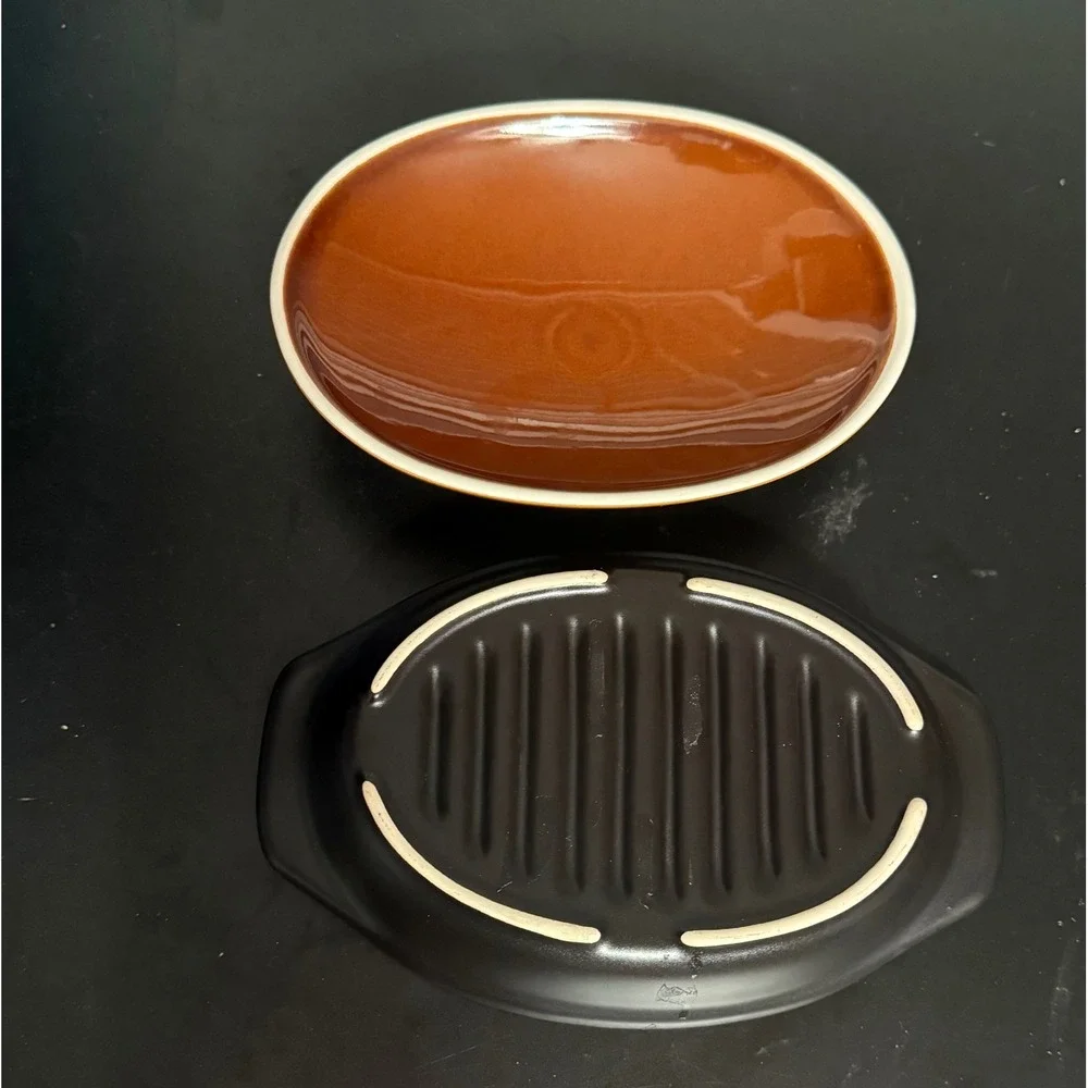 Vintage Ceramic Oval Casserole Dish with Lid Amber Brown and Matte Black 7.5in